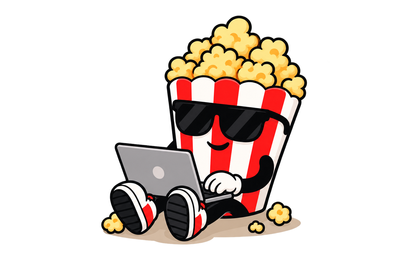 Watch'n'Roll popcorn mascot using a laptop